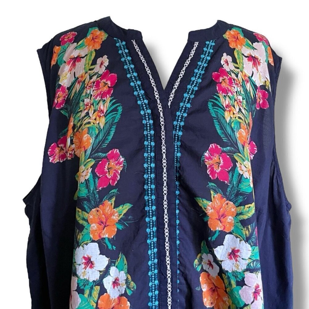 Roamans Womens Top Plus Sz 26W Navy Blue Tropical Floral Tunic Blouse Cotton - Picture 4 of 8